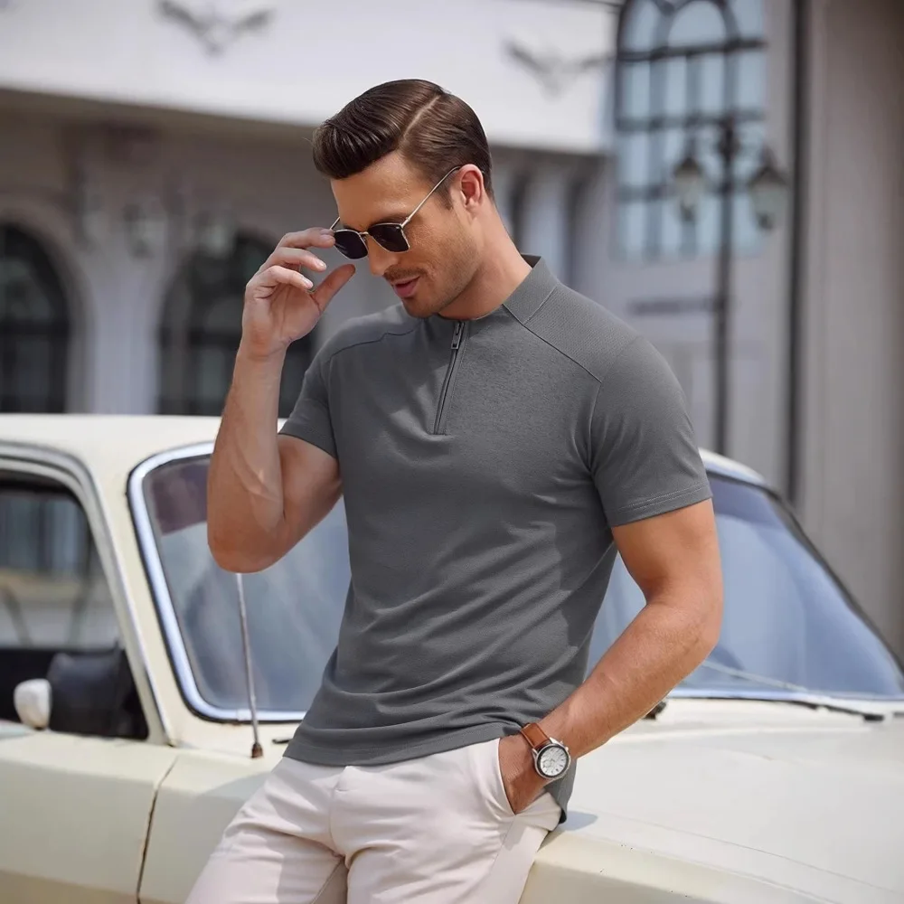 Mens Short Sleeve Polo Shirt Quick Dry Athletic Gym Training Top Half Zipper Breathable Fitness Running Casual Sport
