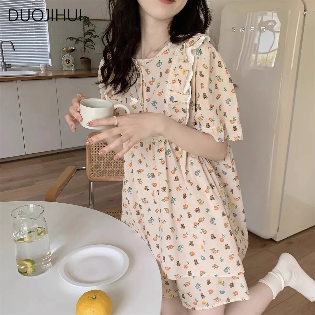 DUOJIHUI-Pyjama imprimé chic pour femme, pyjama décontracté pour la maison, pull basique, simple, court, mode, doux, ensemble de pyjama féminin, nouveau, été