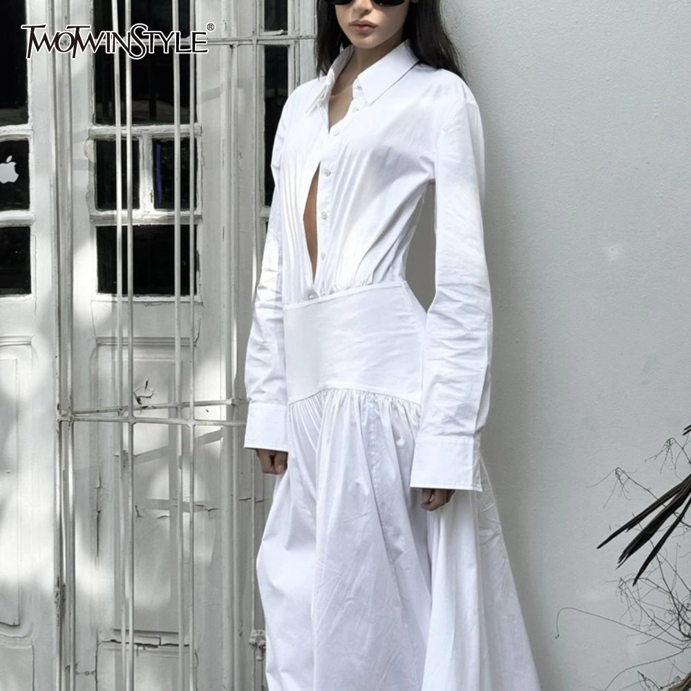 TWOTWINSTYLE Solide Verstärktes Taste Kleider für Frauen Revers Langarm Hohe Taille Temperament Kleid Weibliche Neue