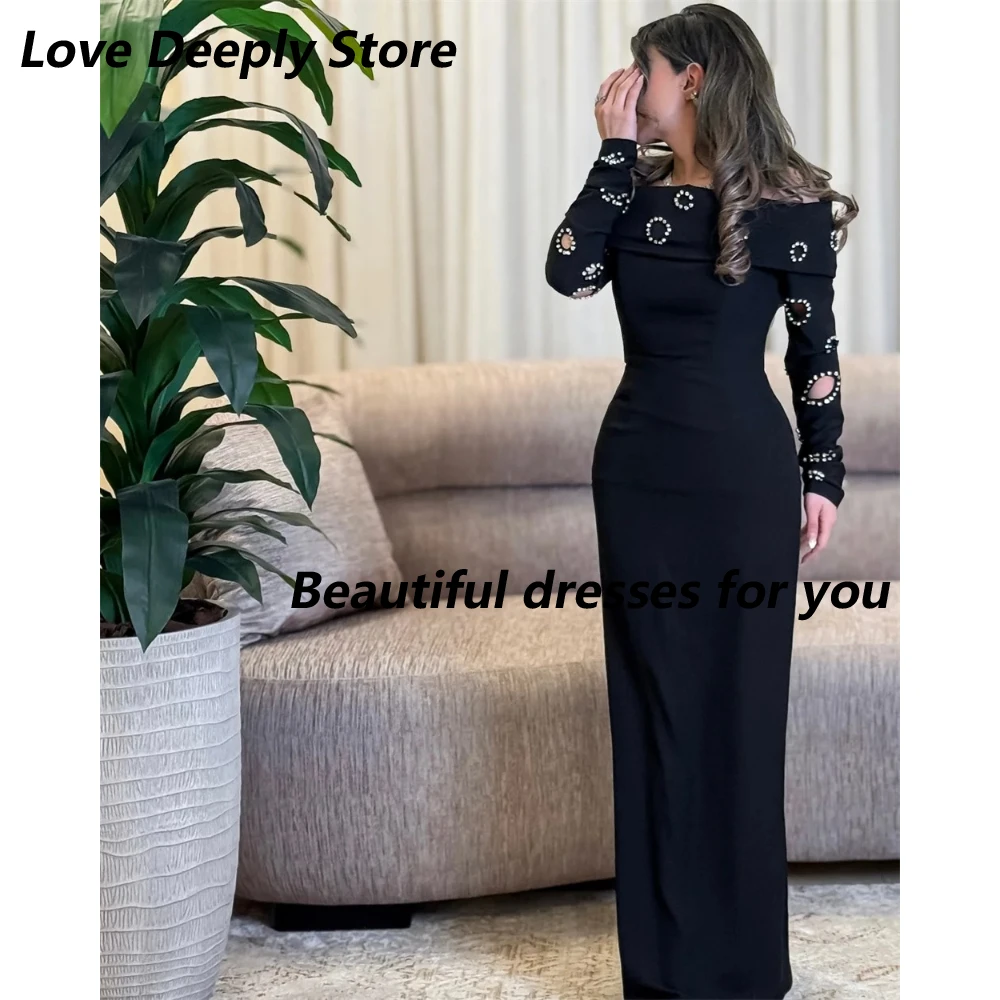 

Black Modern Evening Dress Pleat Jersey Off The Shoulder Crystal Long Sleeves Evening Gowns Straight Party Dresses Customized