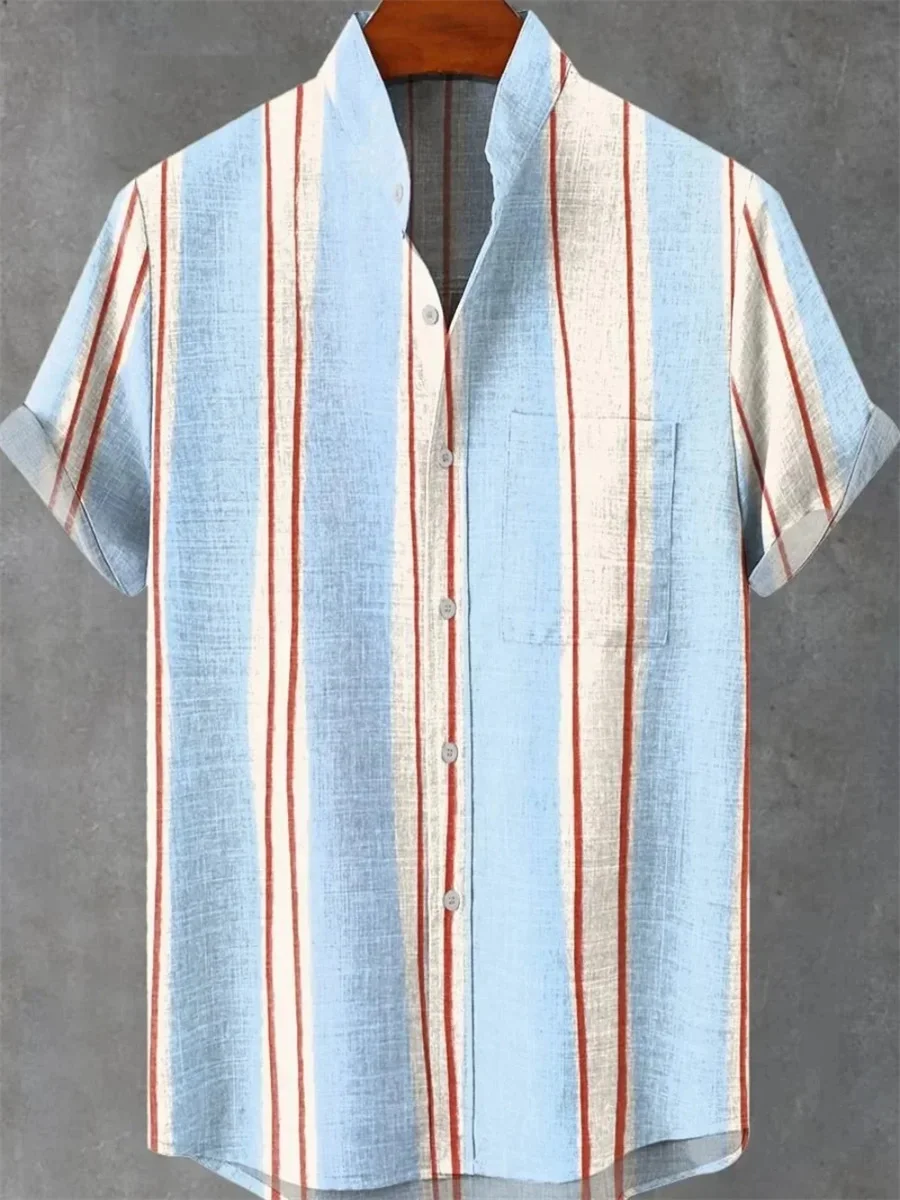 

New Men's Vertical Striped Short Sleeve Linen Stand Collar Shirt Casual Short Sleeve Shirt Fabric Comfortable