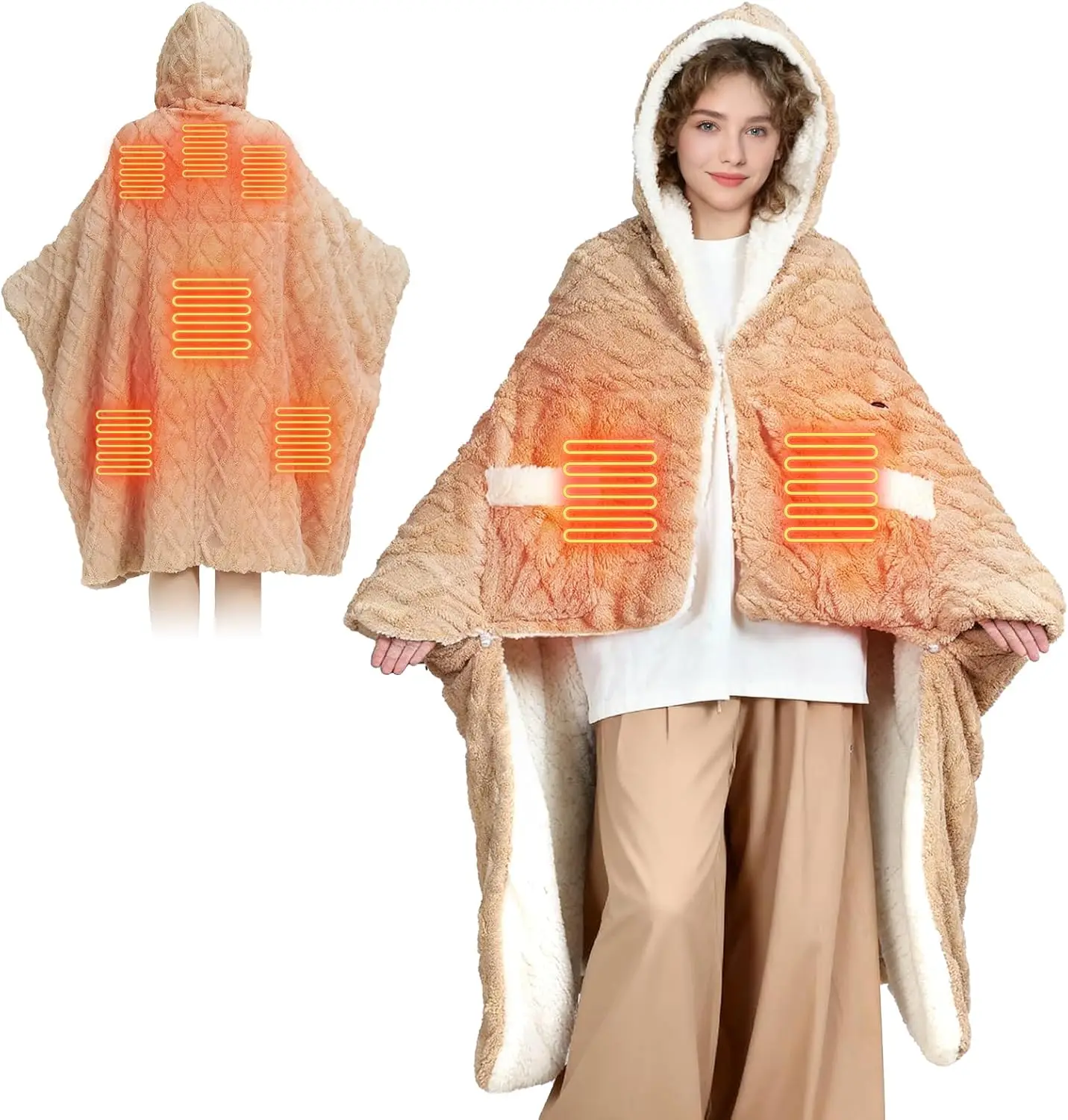 

Cordless Heated Throw Blanket Wearable, 59x63 Electric Wrap Poncho with 8 Heating Zones for Travel Camping