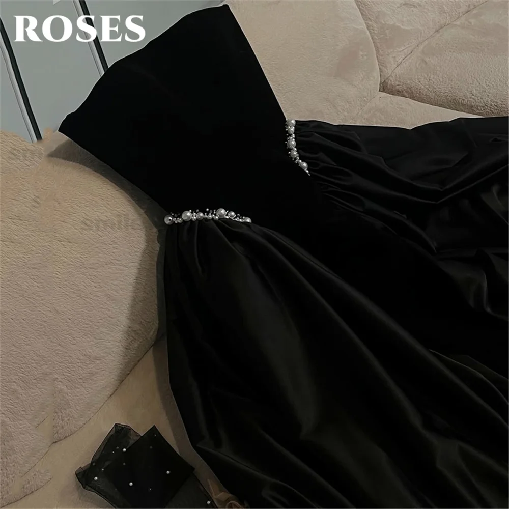 ROSES Navy Blue Party Dress Sophisticated Strapless Velvet A-Line Evening Dress with Pearl Embellishments فستان سهرة Customized image 2