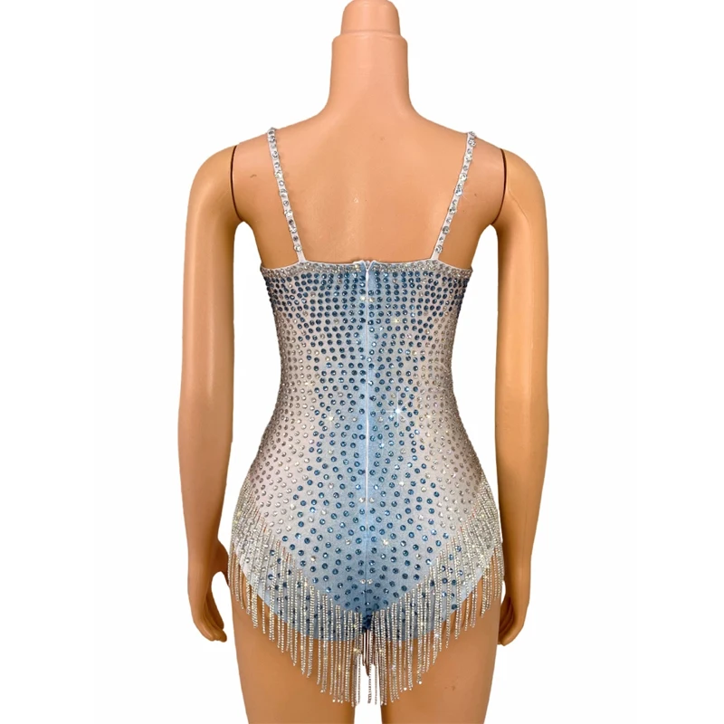 Costume de chanteuse de fête en tricot pour femme, costume de batterie à franges, tenue de scène, bleu, argent, biscuits, boîte de nuit, DJ, festival, DS, XS8898