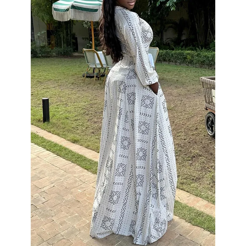 Slergiri Geo Print Single-breasted Shirt Dress Women Fashion New 2026 Spring Stand Collar Long Sleeve Belted A-line Maxi Dresses