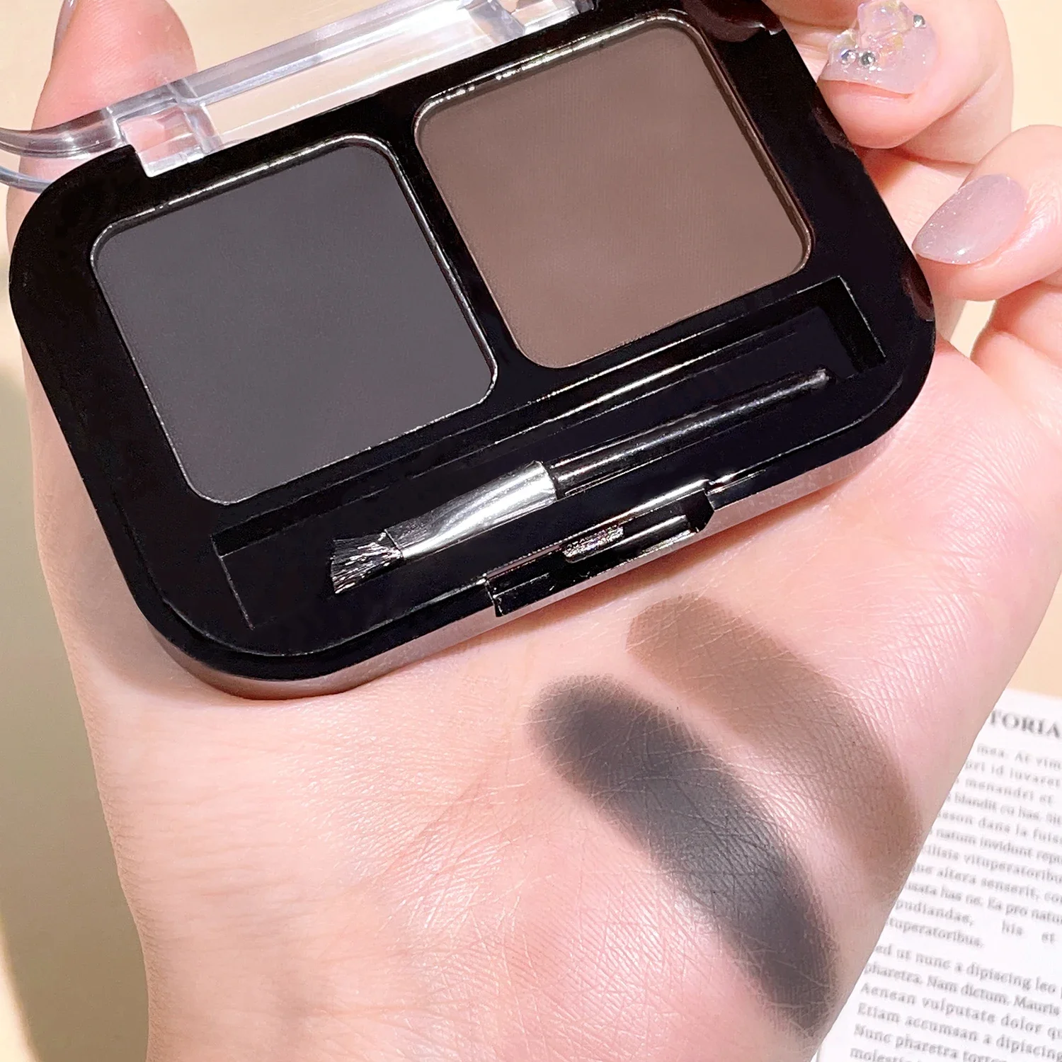Paleta de pó para sobrancelha, 2 cores, maquiagem, preto, marrom, intensificador de sobrancelha, profissional, à prova d'água, cosméticos, paleta de sombra com pincel