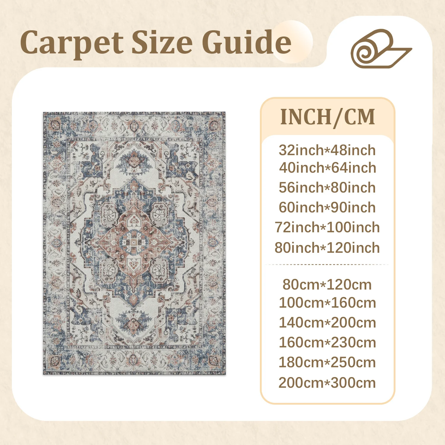 Large Indoor Area Rug, Soft Velvet Low Pile Non-slip Dotted Backing Machine Washable Distressed Vintage Medallion Rug in Cream Blue Terracotta for Living Room Bedroom Entryway Home Decor
