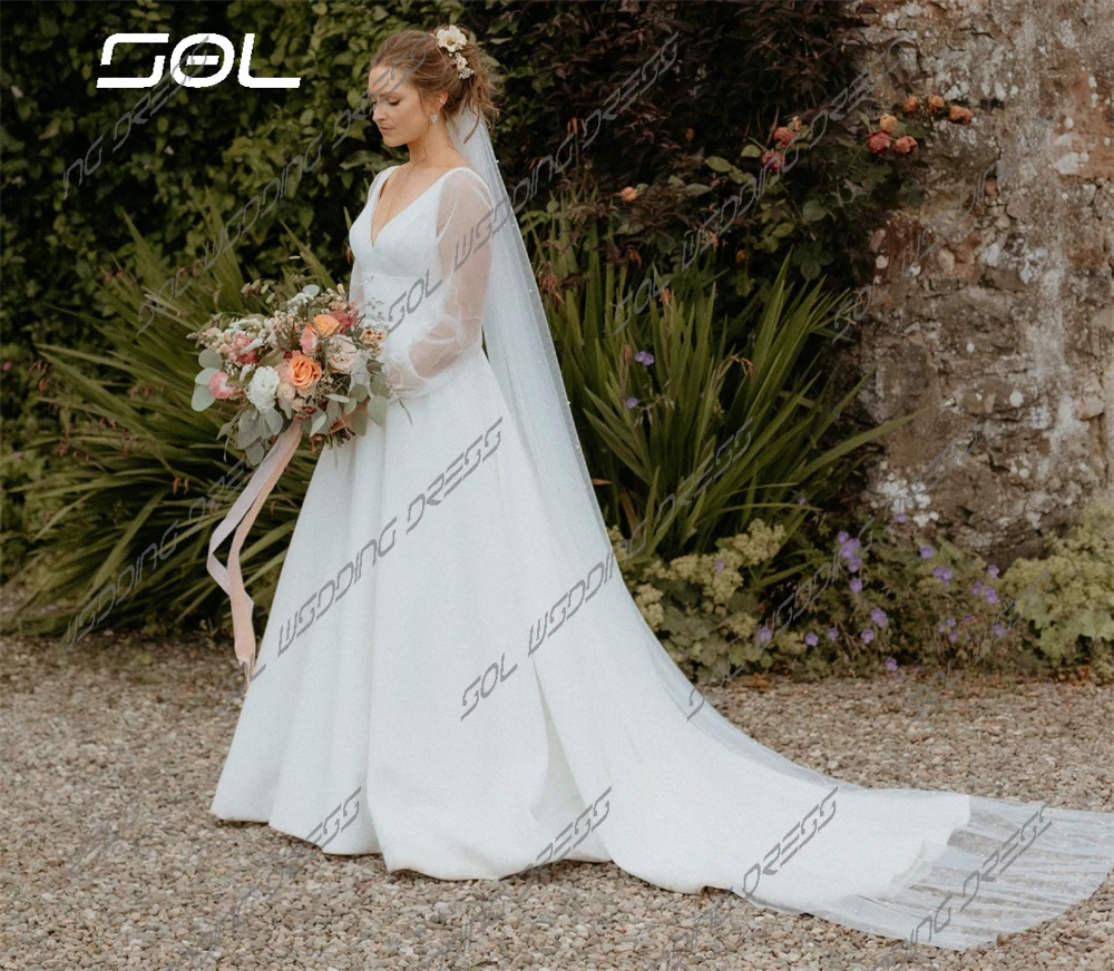 Sol semplice scollo a V staccabile maniche lunghe in Tulle abito da sposa in raso per le donne elegante Back Up a-line abito da sposa Robe De Mariee