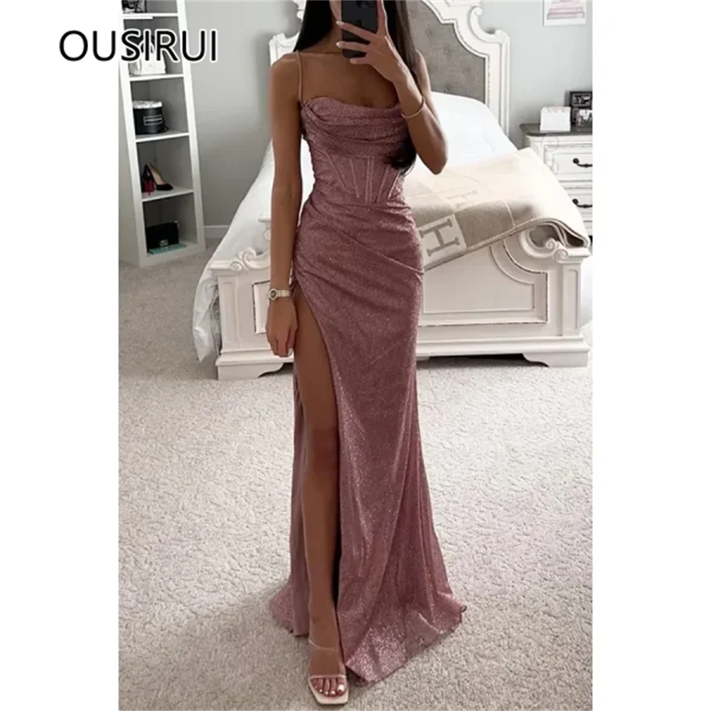 

OUSIRUI Shiny Spaghetti Straps Pleated Prom Party Dress Sheath Side Split Court Backless Evening Prom Gown vestidos de festa