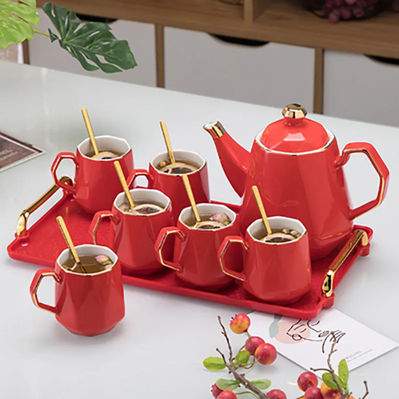 

Китайский фарфоровый горшок и набор чашек, кофейные кружки для дома, офиса, традиционные красные свадебные сувениры, подарки