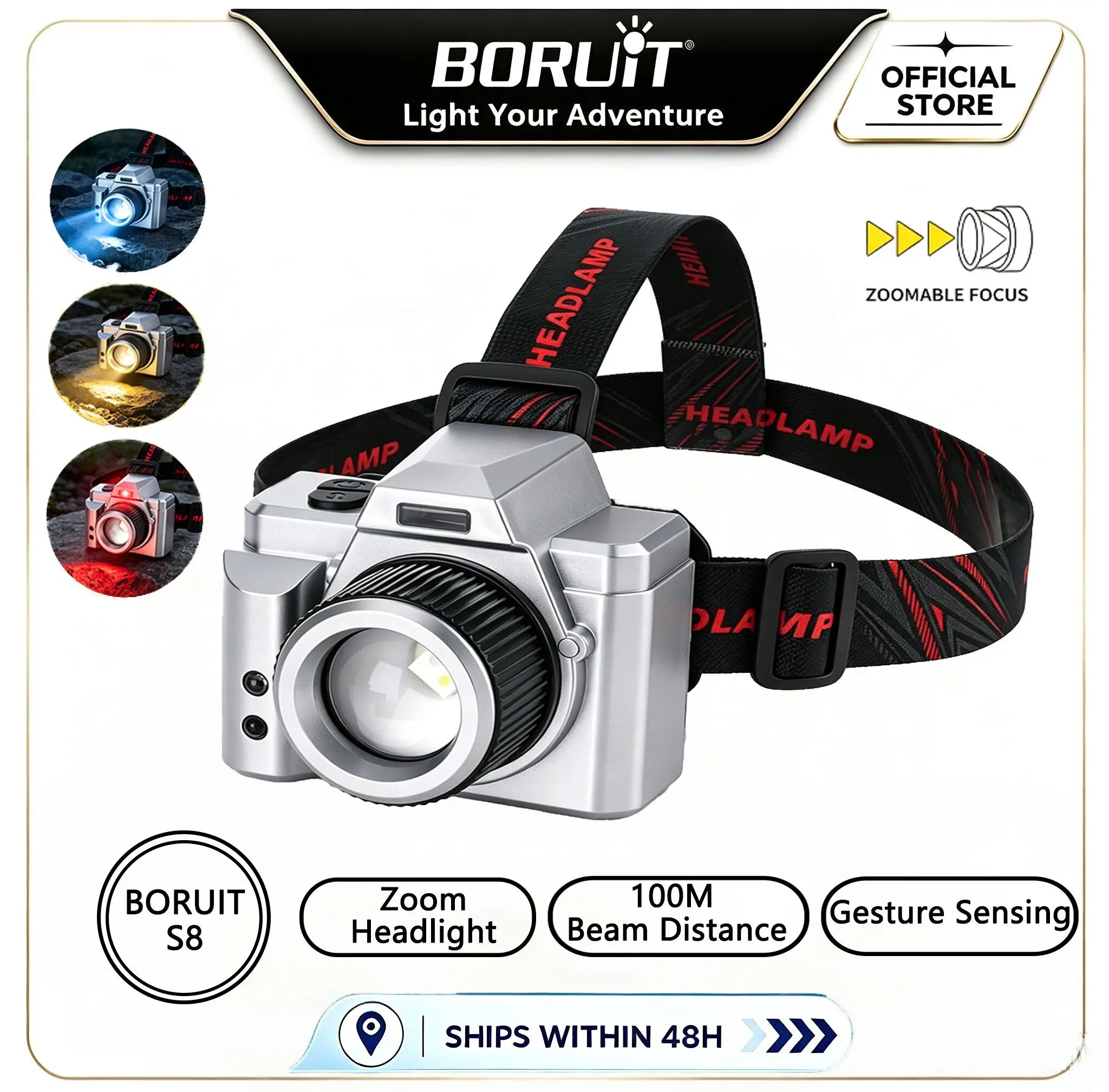 BORUiT S8 500LM Zoomable LED Sensor Headlamp 4 Light Sources 75° Adjustable Headlight Rechargeable Fishing Hiking Repair Light