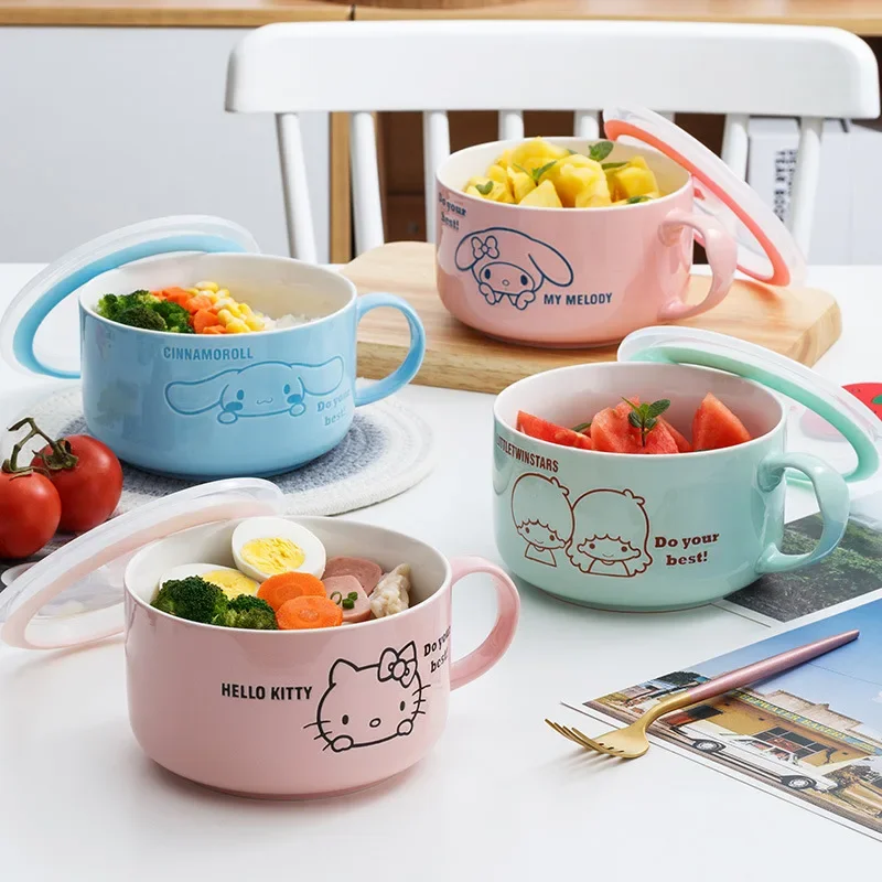 Sanrio Kawaii My Melody Ceramic Instant Noodle Bowls Kuromi Cinnamoroll Anime Cartoon Student Large Capacity Lunch Box with Lid