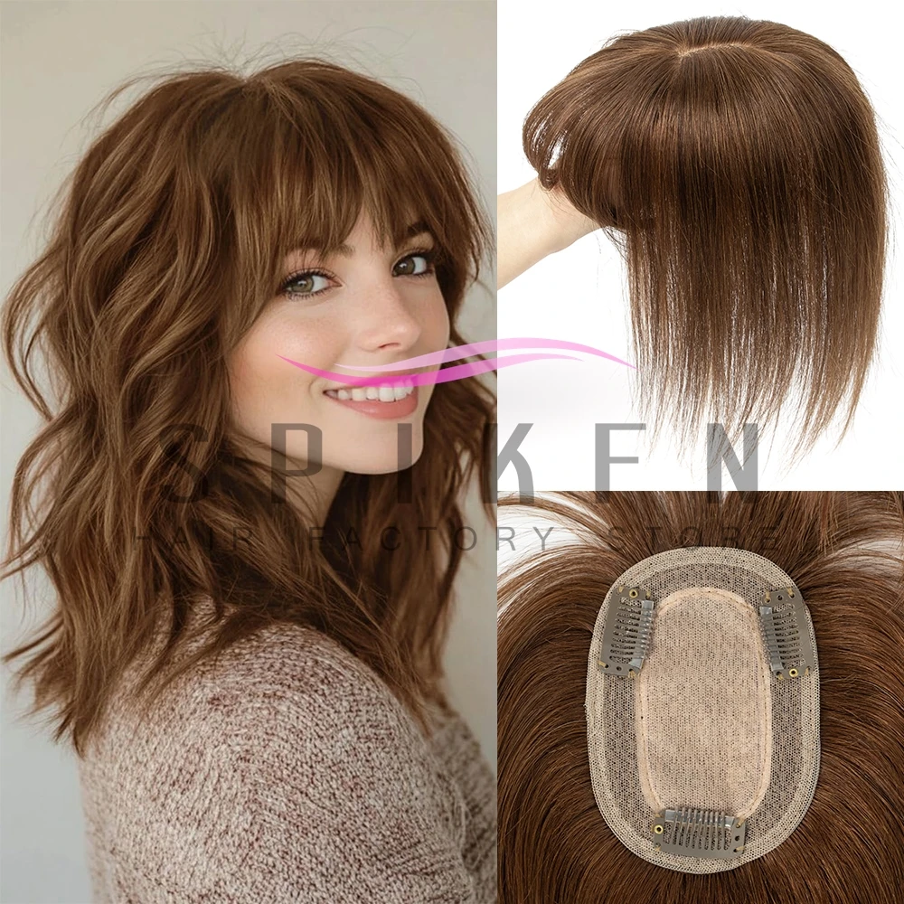 Natural Brown Human Hair Topper Hairpiece with Bangs 8x12cm Breathable Hair Base Hair Topper Extensions Available 8''-14''