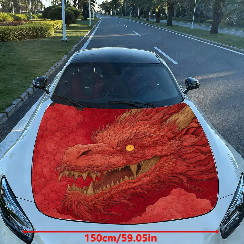 Angry Red Dragon Car Hood Decal Sticker, Durable Car Vinyl Wraps Suitable For Most Vehicles, Car Engine Hood Protective Film Gif