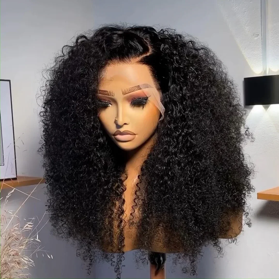 

Soft 26Inch Long 180Density Kinky Curly Natural Black Deep Lace Front Wig For Women Babyhair Glueless Preplucked Daily