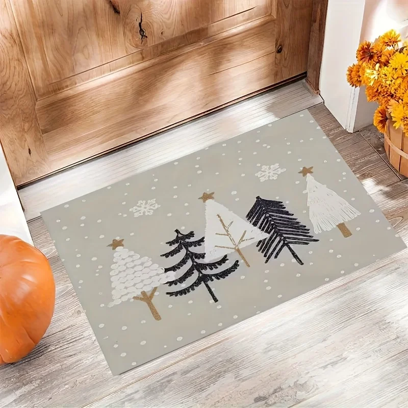 Christmas Flannel Door Mat Minimalist Xmas Tree Snowflake Print Non‑Slip Floor Rug for Indoor Winter Holiday Home Entrance Decor