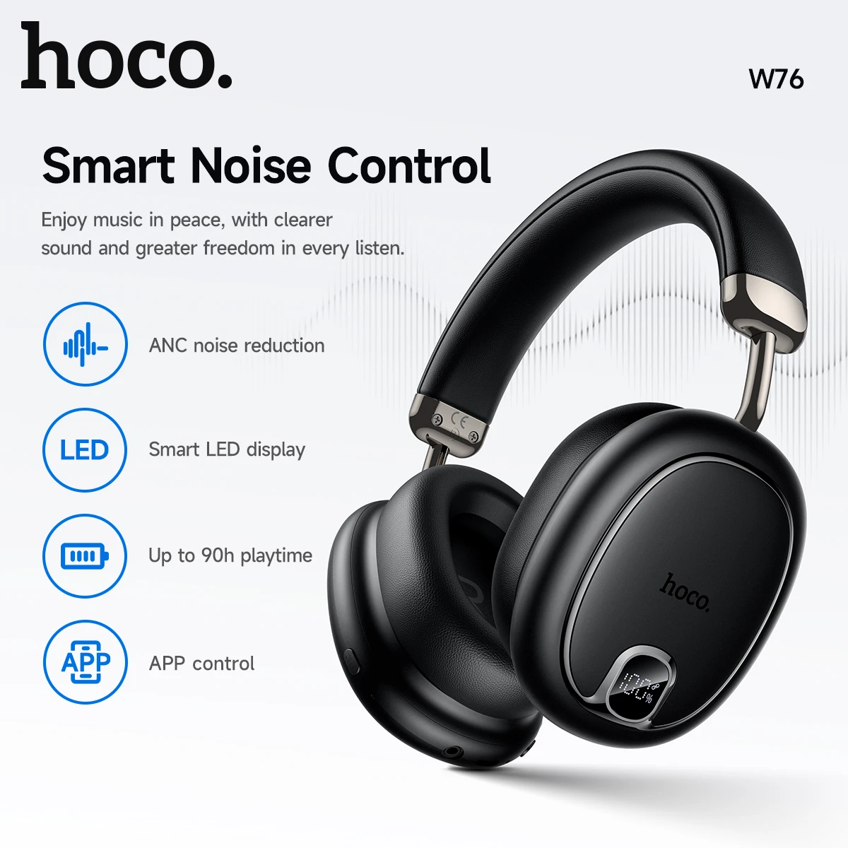 HOCO W76 ANC Geräuschunterdrückende Over-Ear Bluetooth 6.0 Kopfhörer Kabellose Kopfbügel-Headsets App-Steuerung Digitales Display
