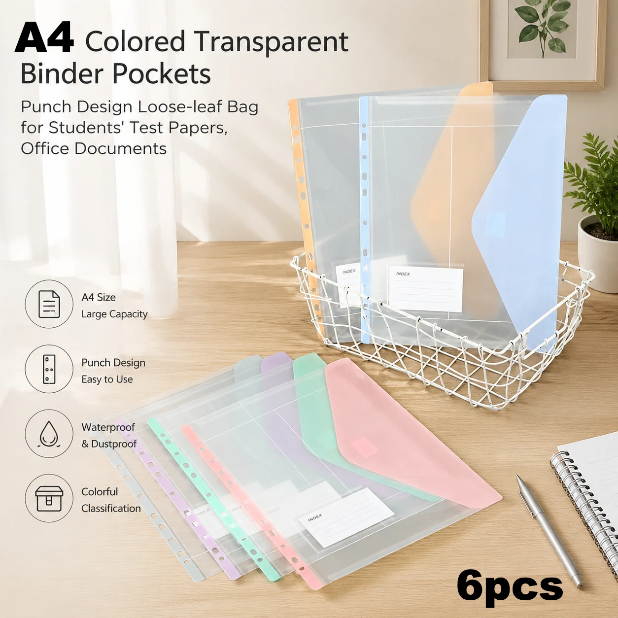 6Pcs A4 Colorful Transparent File Folders PP Material Punched Loose Leaf Pouch Student Test Paper Office Document Storage Bags