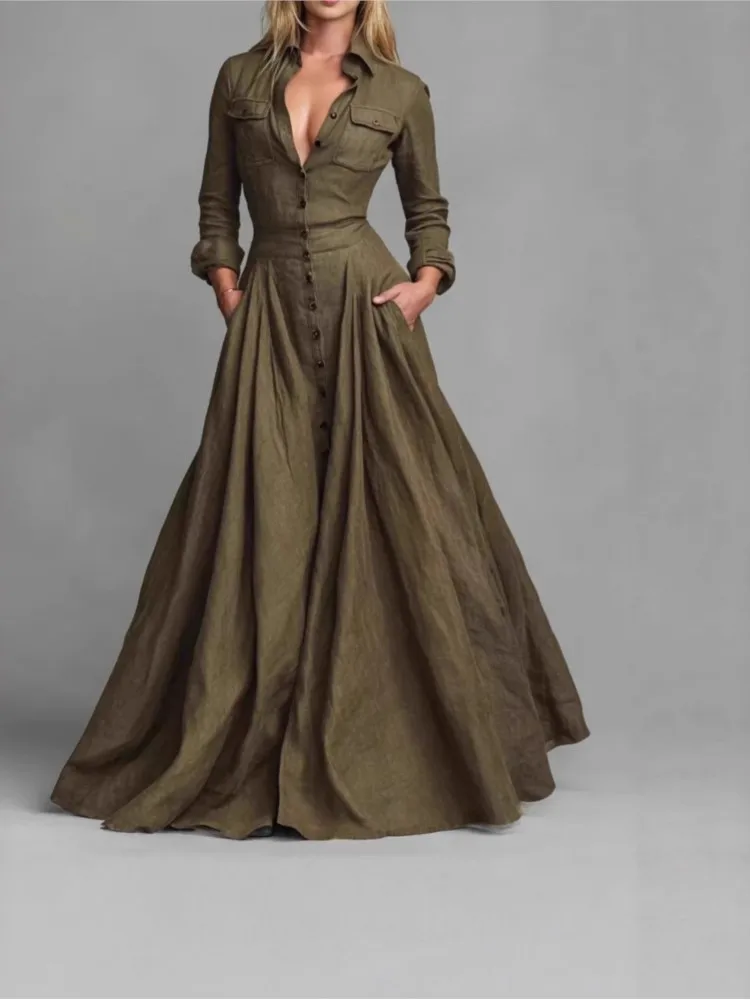 

New Women Button Big Hem Maxi Dresses Autumn Elegant Solid Color Lapel Long Sleeve Pocket Slim Party Dress Casual Robes Femme