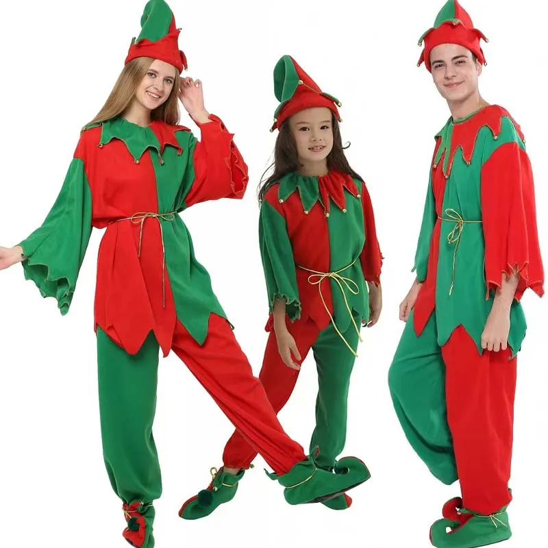 

Santa Elf Costumes for Adult Christmas New Years Dress up Green Red Family Xmas Festive Outfits with Hat Shoes Belt