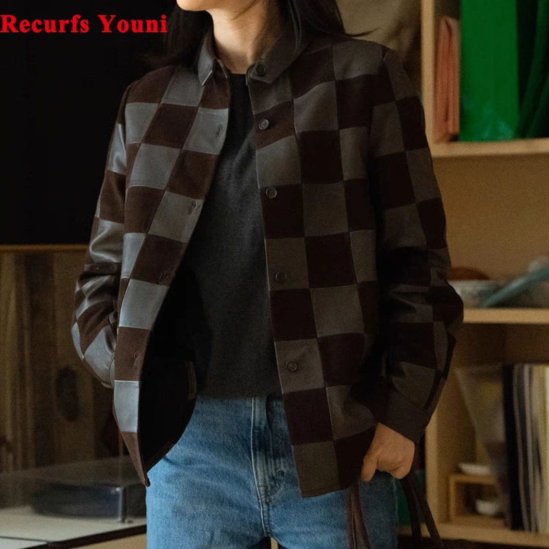 

Checkered Leather Shirt For Women French Elegant Suede Leather patchwork Casual Blouse Small Lapel Long Jacket Camisas de Mujer