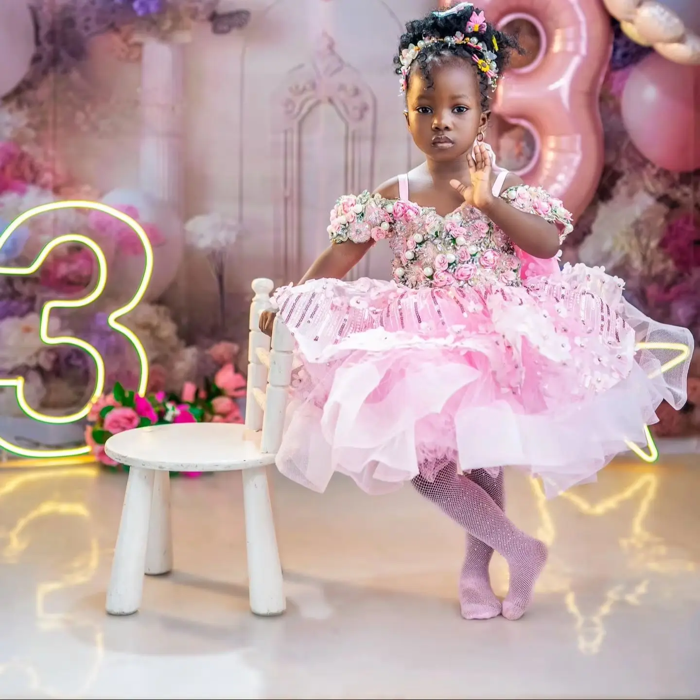 Pink 3D Floral Girls Birthday Party Dress Spaghetti Strap Appliqued Flower Girl Dresses for Wedding Kids Prom Gown Customized