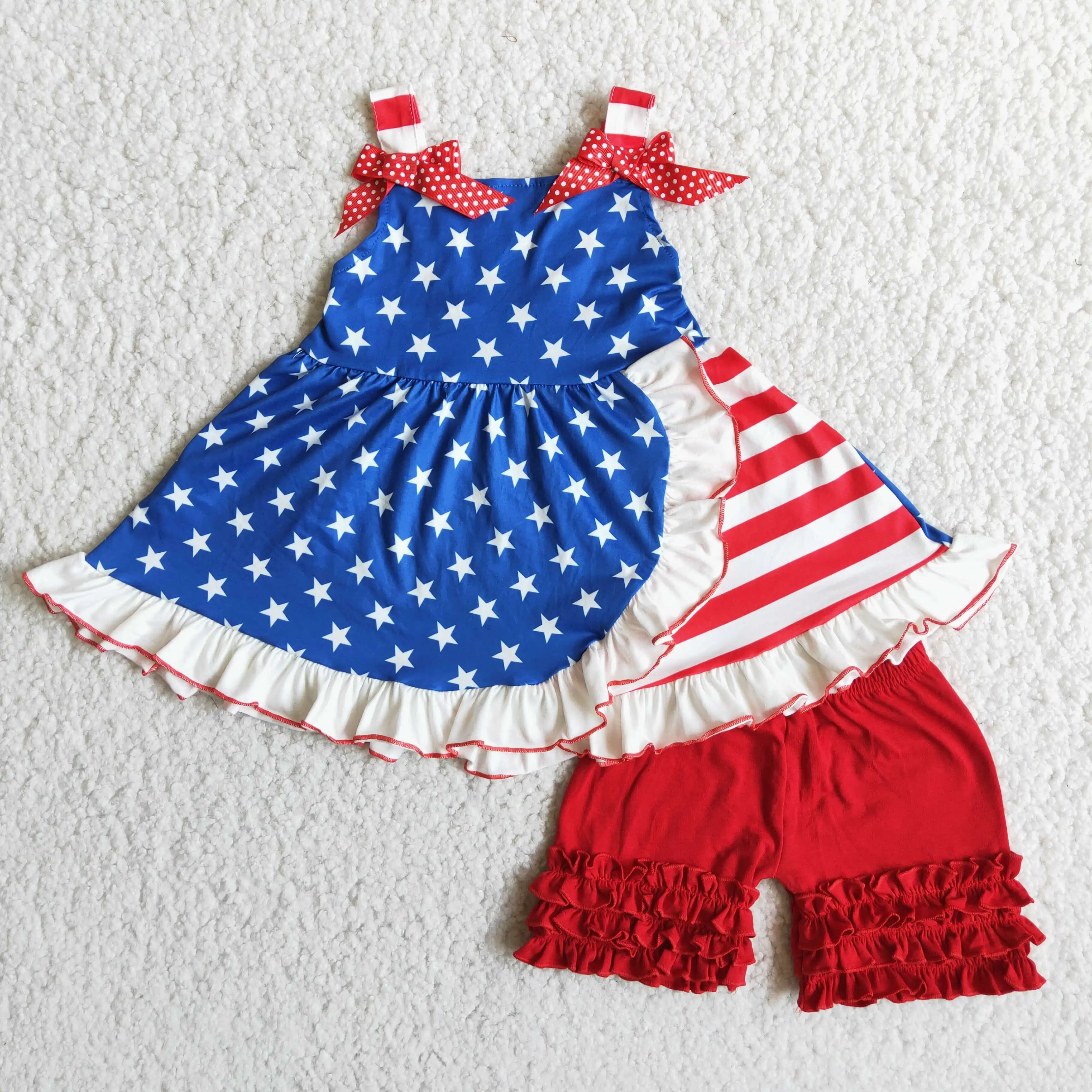 

Wholesale Baby Girl July 4th Star Striped Summer Set Children Toddler Sleeveless Top Kids Infant Red Ruffle Cotton Shorts Outfit