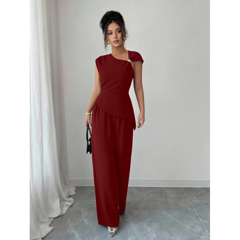 Women's Elegant 2-piece Set With Metallic Accents: Sleeveless Asymmetrical Hem Fitted Top And Loose Straight-leg Pants Lace