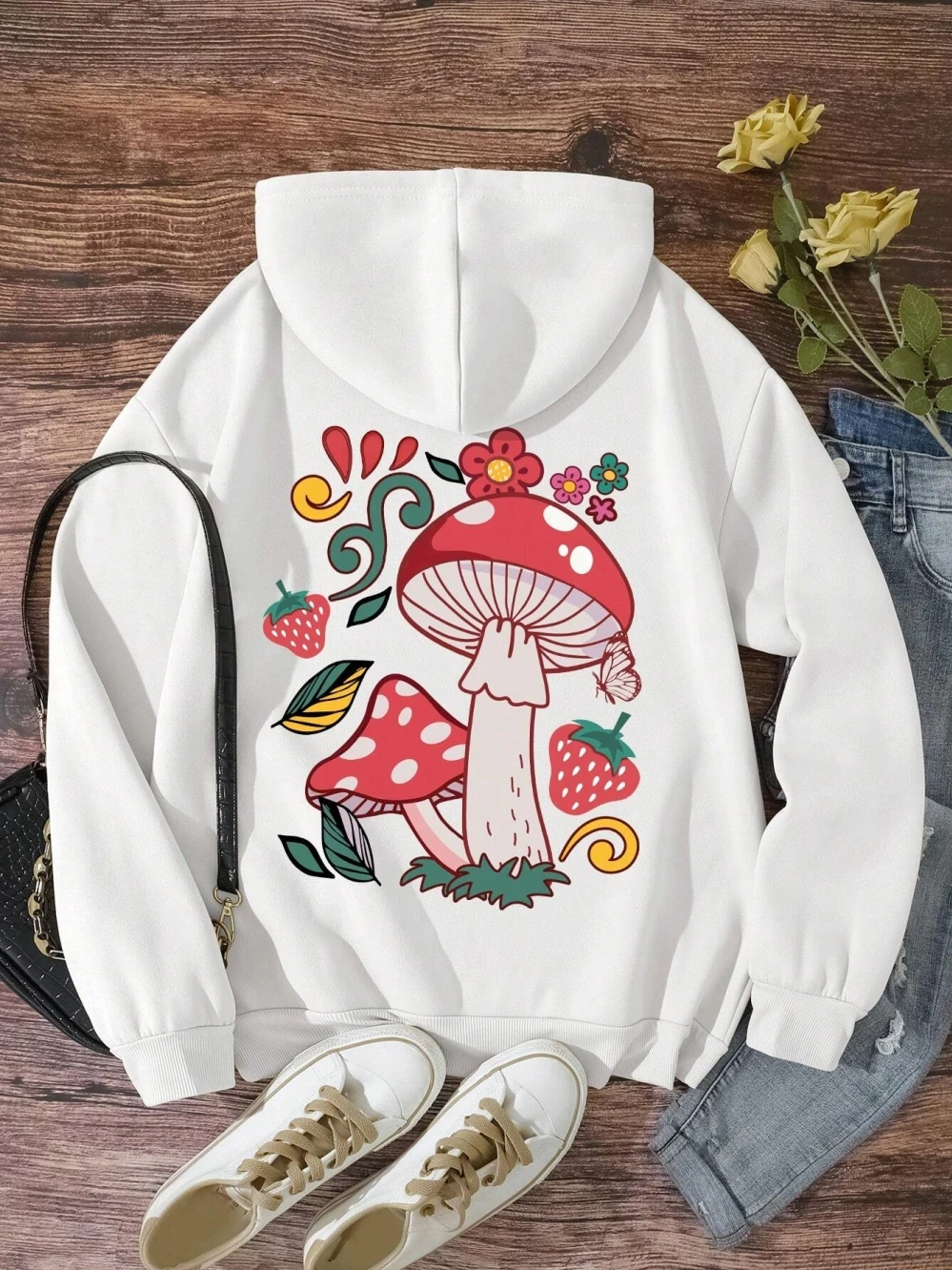 Cute Mushroom Strawberry Plant Graphic Male Hooded Hipster Loose Hoodies Hip Hop Fleece Hoodie Autumn Warm Sportswears