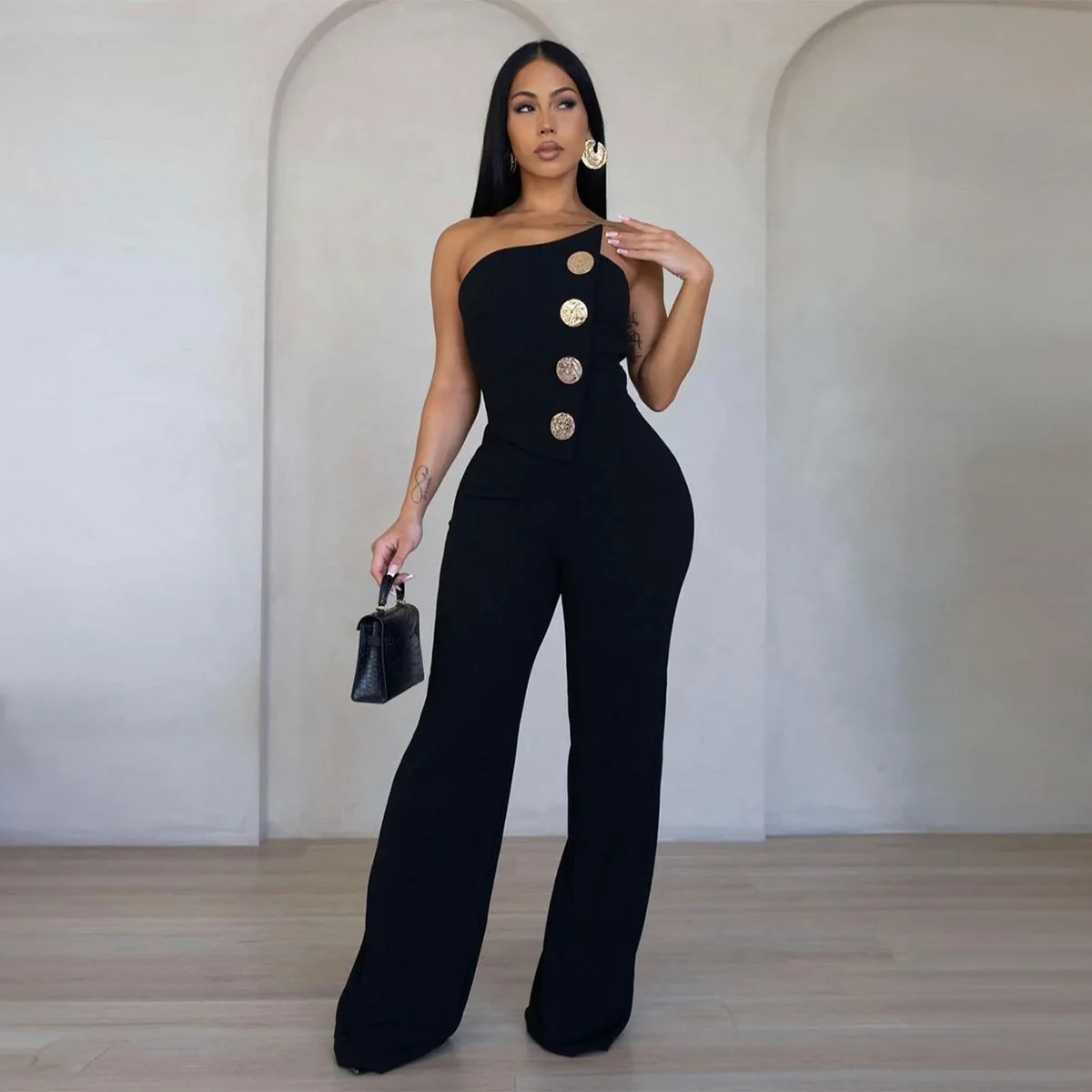 

Zy6088-1 Best-selling Stylish Metal Buckle Strapless Jumpsuit Summer Maxi Dress Beach Luxury Midi Outfits