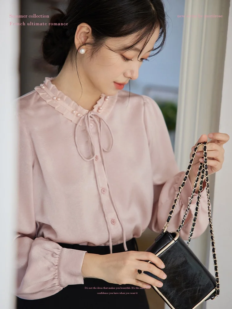 

Moriirose Women's Satin irt with Bow Long Sve Ruffle Collar Vintage Pink Peach Color Autumn Top Straight Cut Bubble Sve