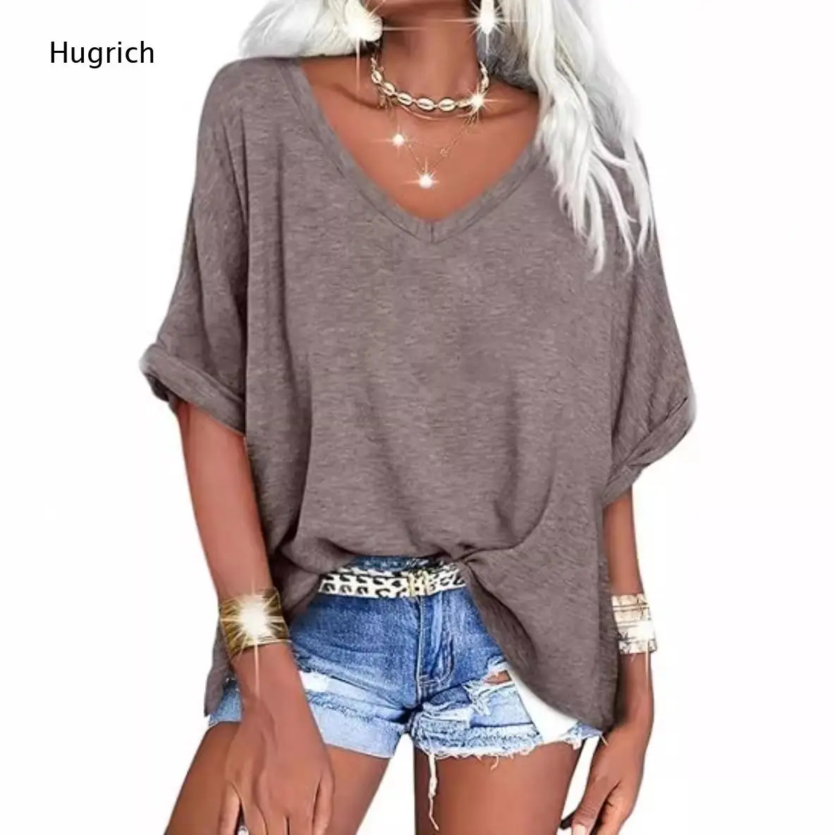 Soft Breathable Solid White Deep V Neck Batwing Short Sleeve Top Roll Cuff Twist Hem Loose Oversized Casual Daily T Shirt