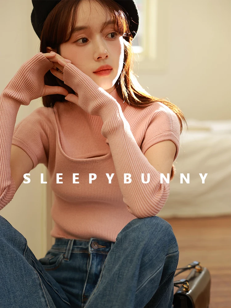 

Sweet Slim Fit Knit Top Women Short Sleeve Mock Neck Pullover with Arm Warmers Soft Ribbed Stretchy Base Layer Spring or Fall
