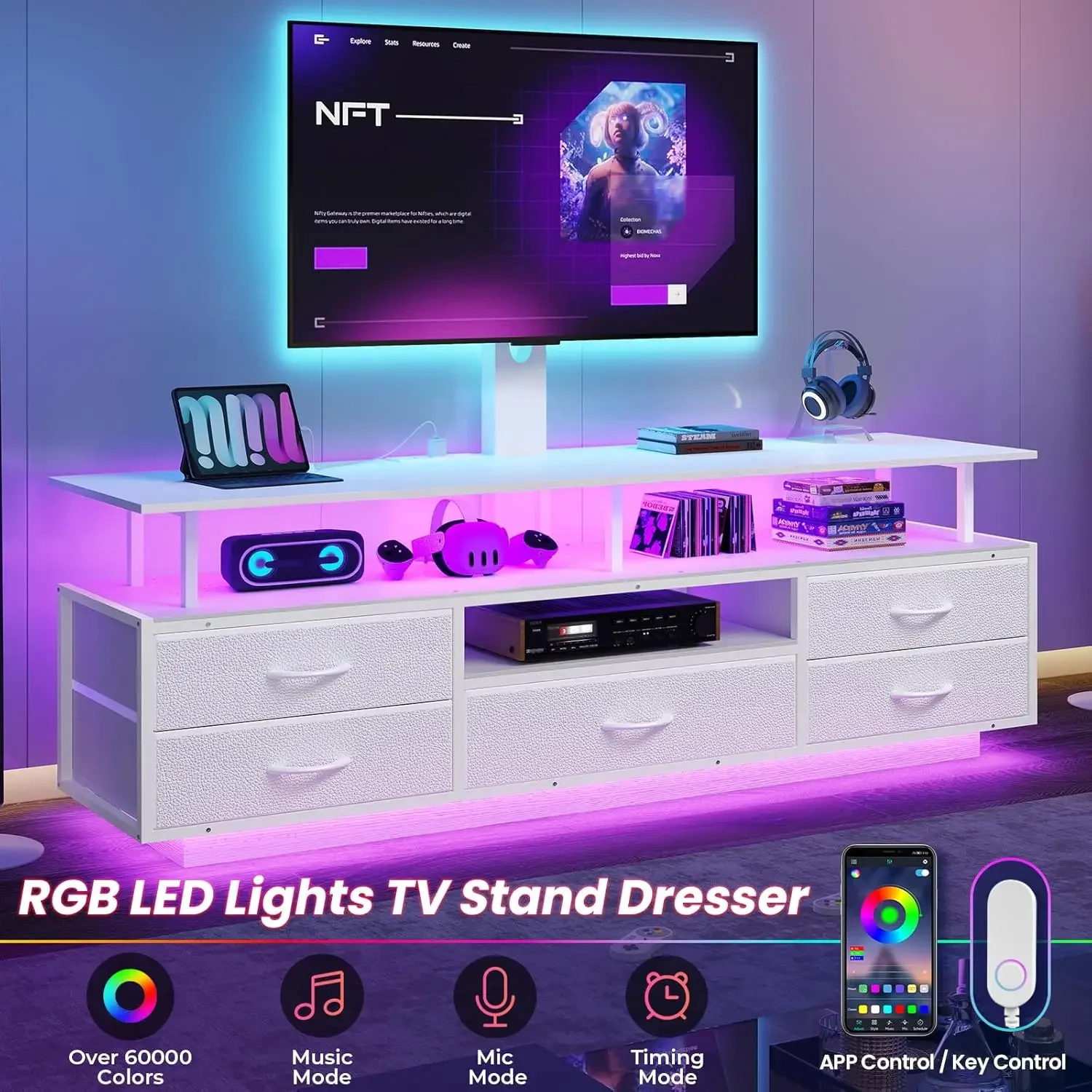 حامل تلفزيون مع حامل لأجهزة التلفاز مقاس 45/55/65/70 بوصة، حامل تلفزيون LED مقاس 51.2 بوصة مع منافذ طاقة وتخزين، مركز ترفيهي مع مساحة تخزين #3