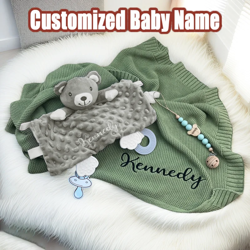 

Personalized Name Baby Knitted Blanket Set Infant Cotton Blanket with Soft Comforter Toy&Percifer Baby Shower Gifts Bith Gift