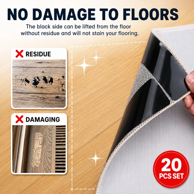 20Pcs Carpet Gripper Pads, Washable Non-Slip Rug Grippers for Floor, Reusable Double-Sided Carpet Tape, Removable Area Rug Holde
