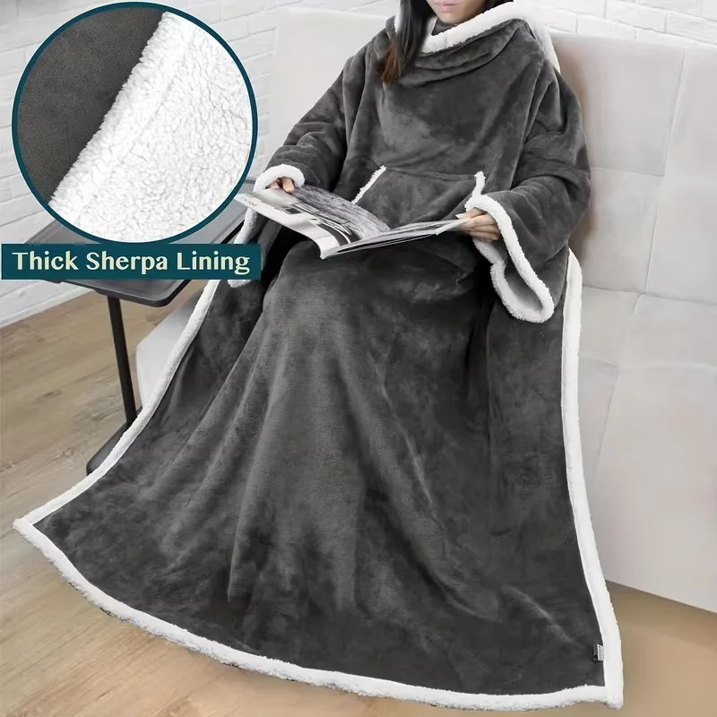 Reversible Flannel TV Blanket with Sleeves - Soft Warm Cozy Throw, Front Pocket for Phone/Remote, Machine Washable Home Use