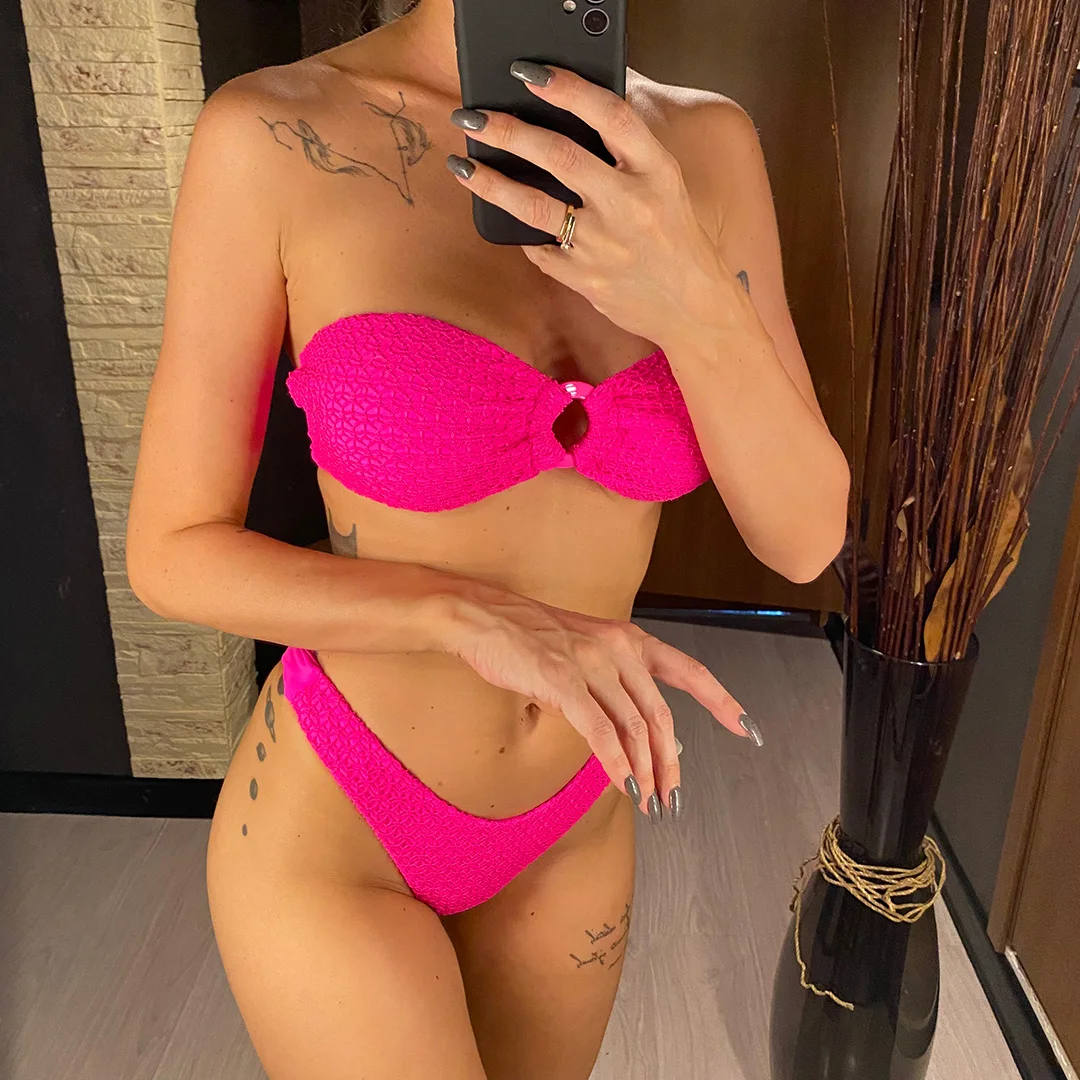 Gefalteter Bandeau-Bikini mit hohem Beinausschnitt, Damen-Badebekleidung, zweiteiliger Bikini-Set, trägerloser Badeanzug, Badeanzug, Schwimmanzug V3367 – Detail 25