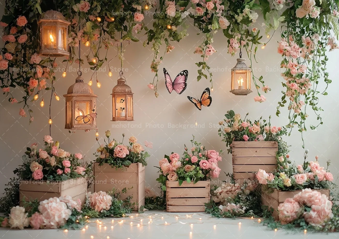 Latar Belakang Fotografi Mehofond Musim Semi Lampu Kupu-kupu Indah Bunga Kotak Kayu Kecil Tanaman Rambat Dekorasi Latar Belakang Potret Keluarga Anak-anak