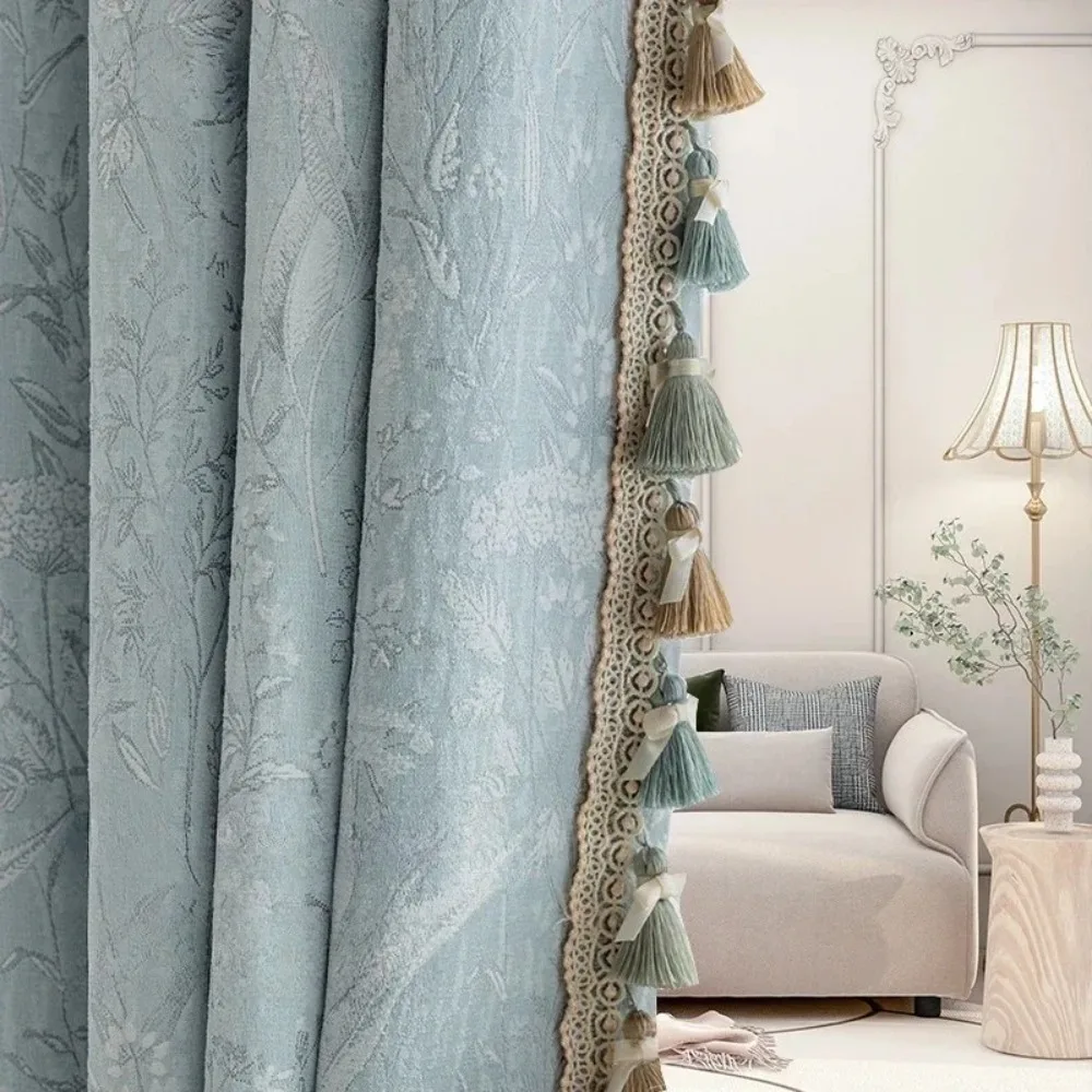 French Relief Precision Lace Blue Luxury Curtains for Living Room Bedroom Dining  Elegant European White Tulle