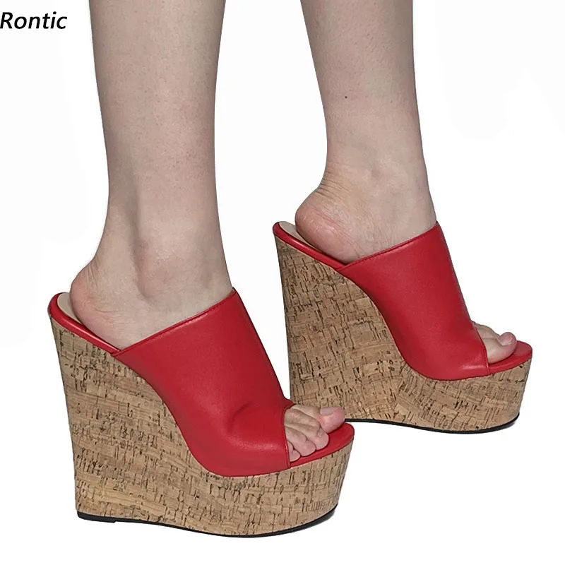 

Rontic Handmade Women Platform Mules Sandals Sexy Wedges Heels Peep Toe Beautiful Red Fuchsia Party Shoes Plus US Size 5-20