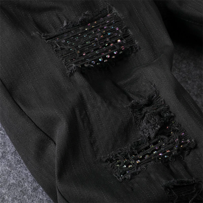 2025 Spring and Summer Hot Selling Men's White Distressed Hot Drilling Jeans Slim Fit Stylish American High Street Trendy Jeans