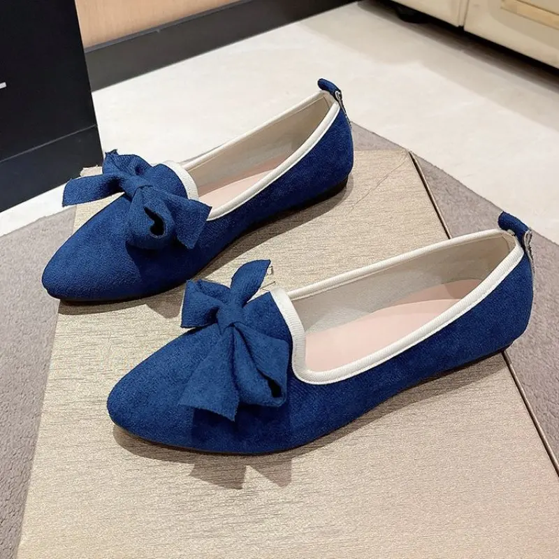 New Women High Quality Moccasin Shoes Flock Slip-ons Pointy Toe With Big Bow Plus Size 35 - 42 Wide Fitting Flats Sole Fashion