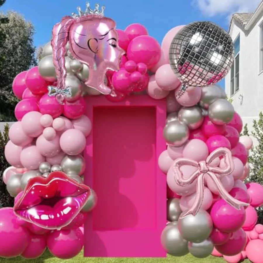 핫핑크와 실버 풍선 가랜드 키트 120개 핑크 크라운 인형 풍선 세트 공주 카우걸 디스코 테마 소녀 여성용