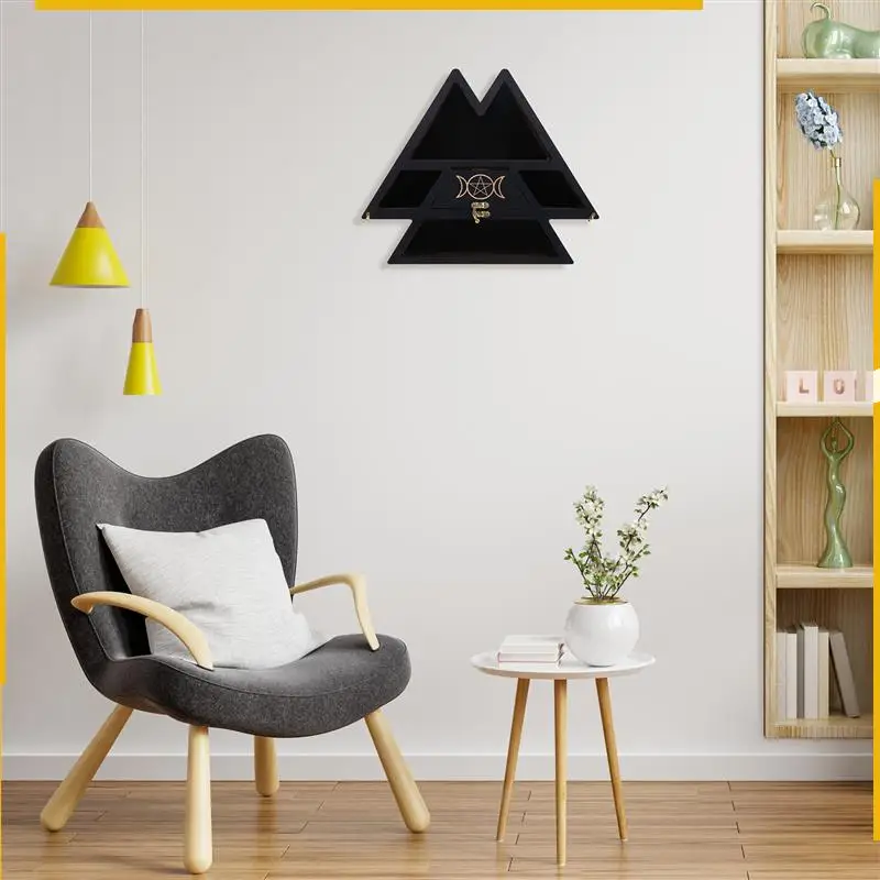 

A76K Wooden Pyramid Wall Shelf Crystal Display Rack Floating Shelf For Living Room Decoration