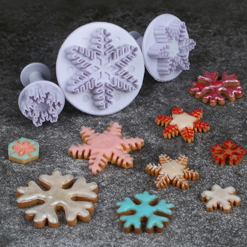 3 Pcs Snowflake Cookie Cutters Fondant Embossing Tool Christmas Snowflake Plunger Navidad Noel New Year 2024 Kitchen Gadgets