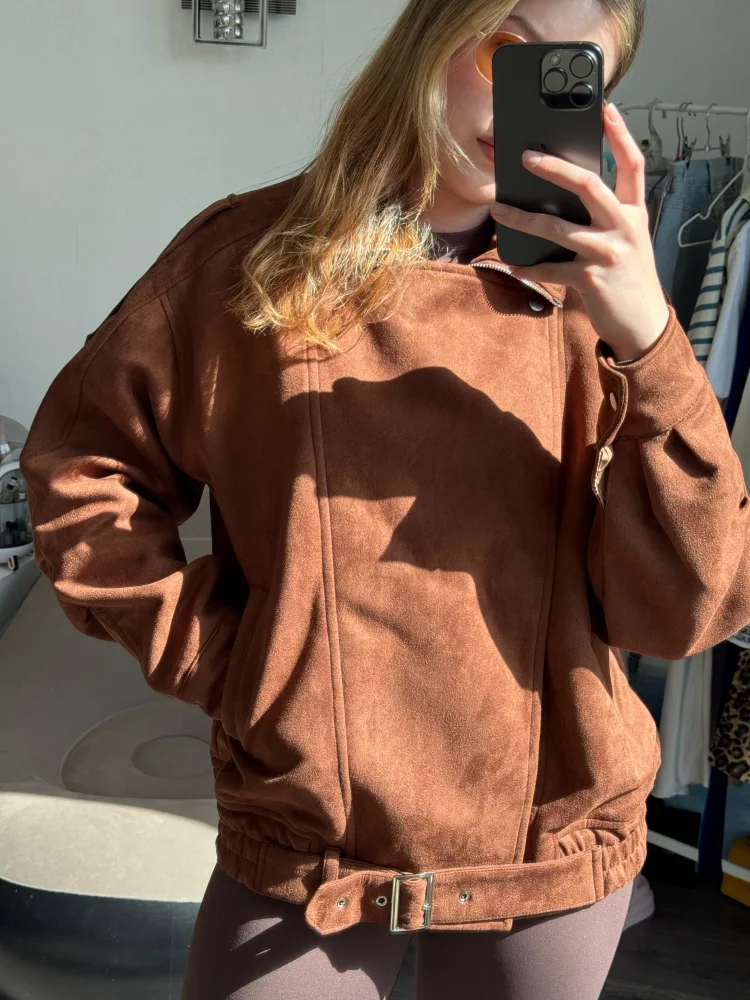 

Vintage Lapel Solid Zipper Short Jacket Fashion Women Casual Suede Cropped Long Sleeve Coat Woman New Commuter Outerwears