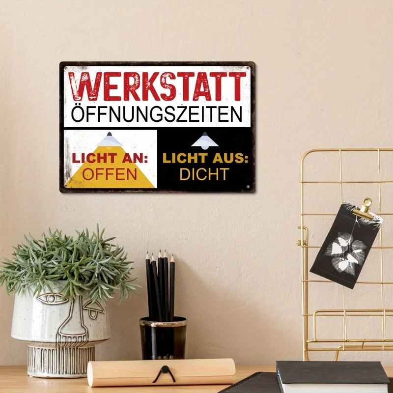 1Pc German Vintage Tin Sign Studio Business Hours, Light On Open Light Off Closed, Wall Art for Home Farmhouse Bar Club