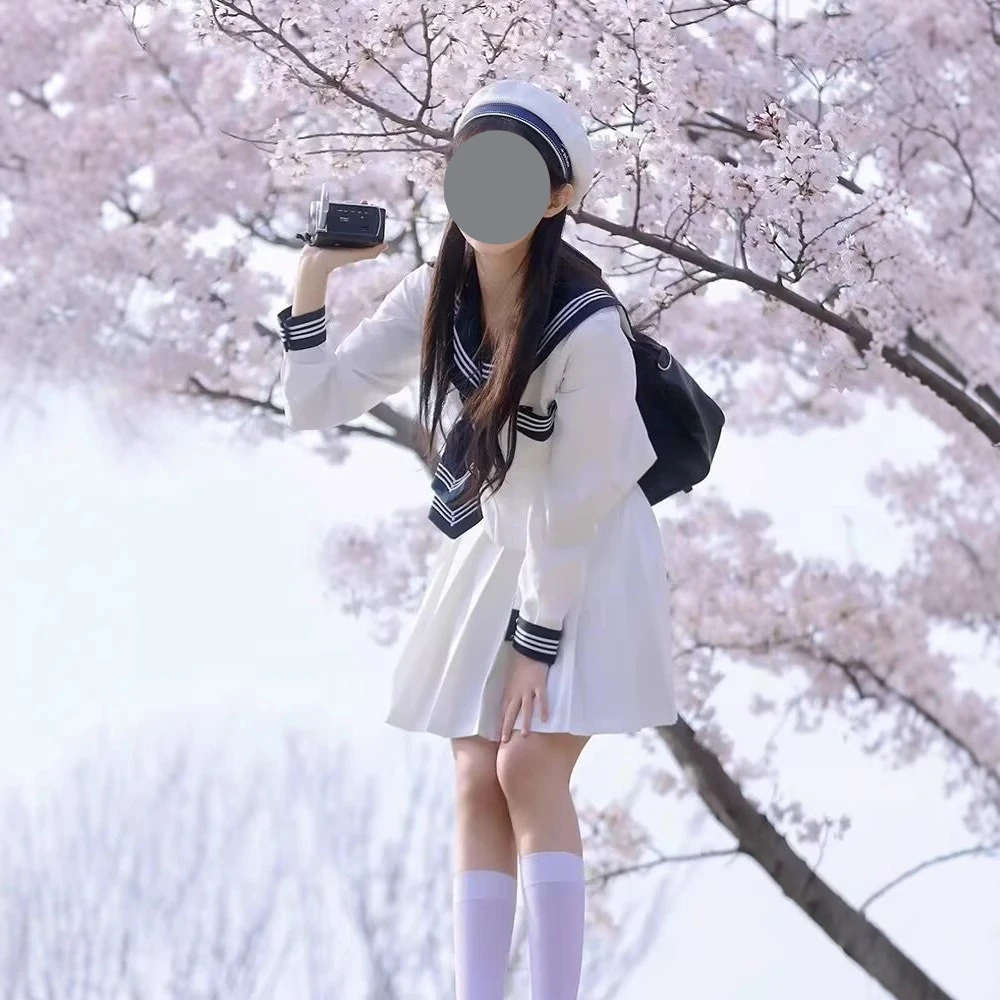 Original Cyan Three-Line Japanese JK Uniform, Basic Long Sleeve Sailor Suit, white Preppy Style for Spring & Summer Daily Wear