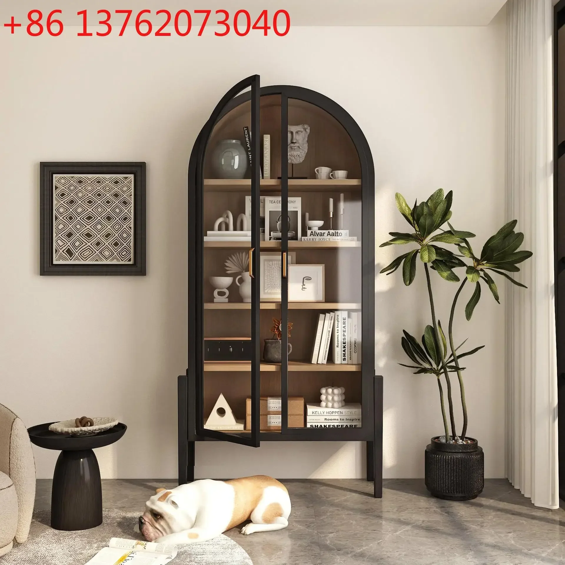 

French retro solid wood bookcase open black Nordic bookcase living room arched decorative cabinet